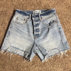 Daze Light Blue Frayed Denim Shorts